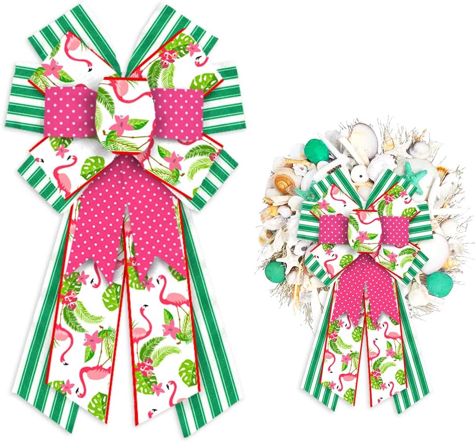 Threetols Large Pink Flamingo Wreath Bows, Summer Green Stripe Bows for Wreath Hawaiian Tropical Burlap Bows for Front Door, Pink Dot Linen Farmhouse Bows for Summer Party Indoor Outdoor Decorations