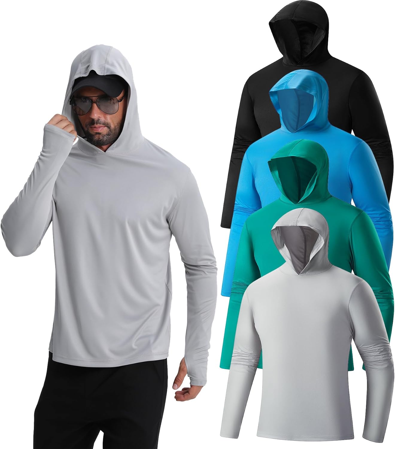 Men's Fishing Hoodie Shirts 4 Pack/5 Pack Sun Protection UPF 50+ Running Swimming Rash Guard Shirts(M)