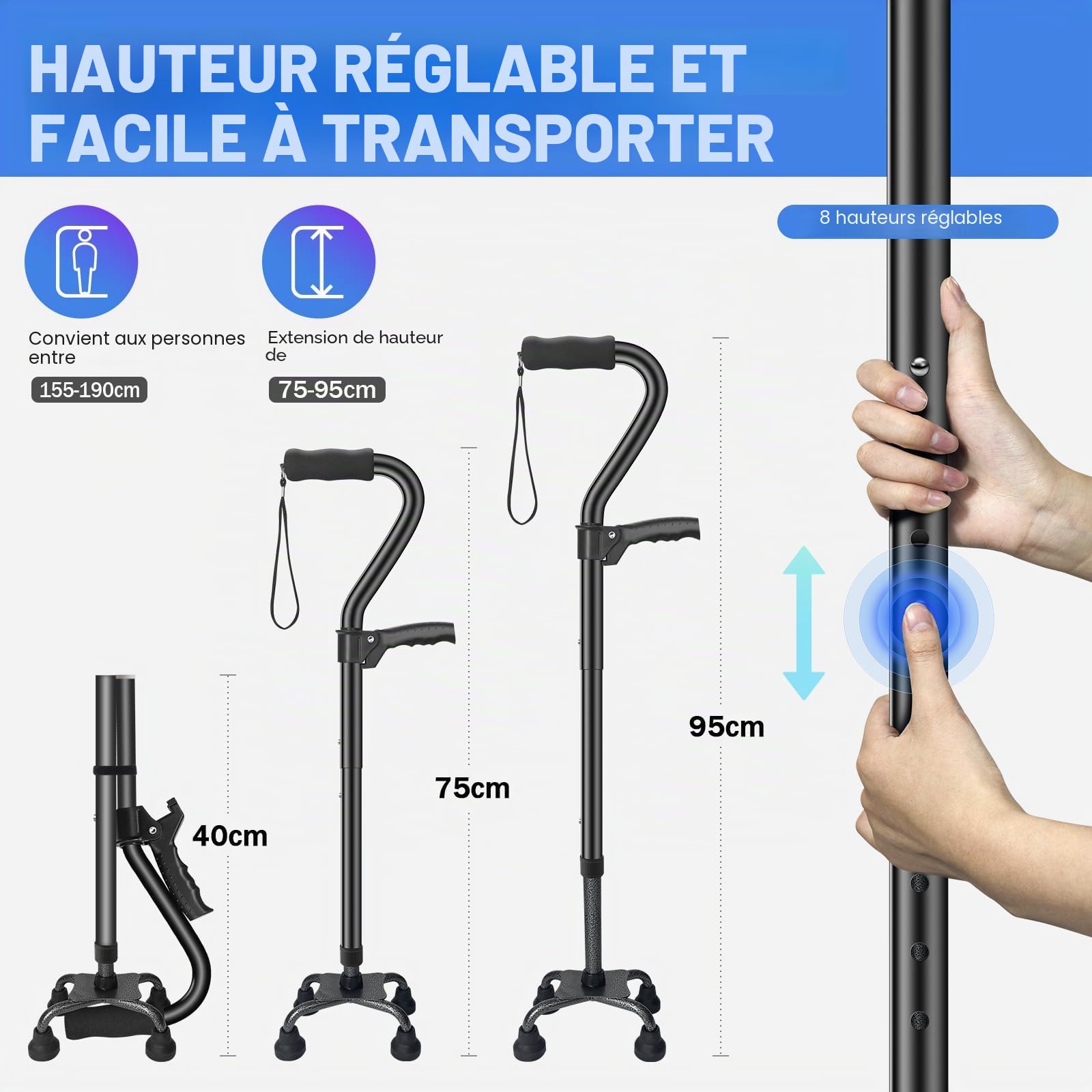AearKing Canne de Marche, Canne de Marche Pliante avec Base Quadruple, Cannes de Marche pour Homme et Femme avec Double Poignée pour Adultes, Bâton de Marche Réglable en Hauteur