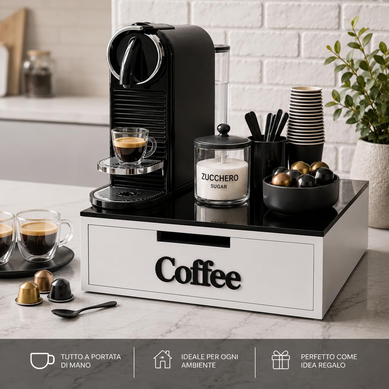 Porta Capsule con Cassetto e 3 Scomparti, Organizer Coffee Station con Top in Vetro, Portacialde da Appoggio, Contenitore Capsule per Angolo Caffè 30x30x10 cm (Nero)
