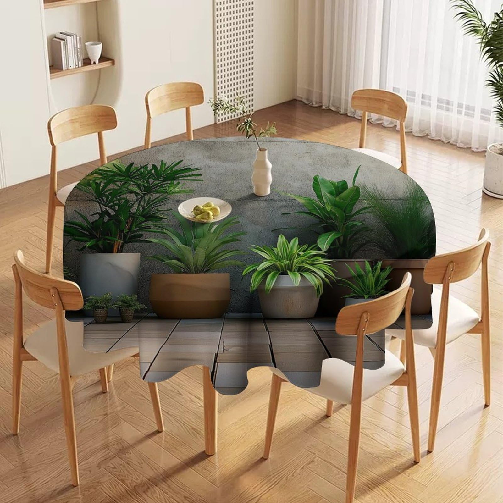 ORDOBO 3D Print Round Tablecloth - Leafy Plants Fashion Waterproof Dust-Proof Table Cover For Dinner Kitchen Holiday Home Protect Table Decoration 177X177Cm