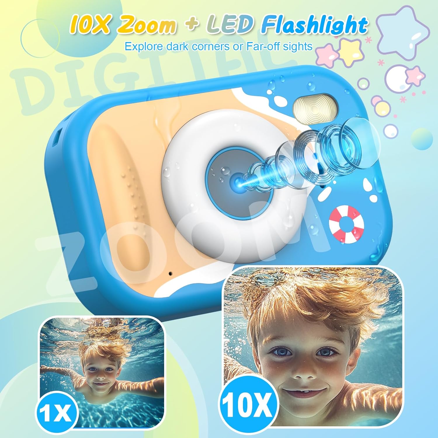 Kids Waterproof Camera, 1080P HD Underwater Digital Camera for Kids Aged 3-12, IP68 Swimming & Snorkeling Toy, ABS Plastic, 32GB Card, Birthday Gift for Children Boys Girls, Blue