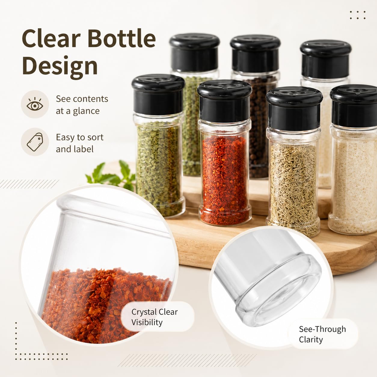 Lot de 100 pots à épices en plastique transparent avec couvercles noirs - Récipients rechargeables pour cuisine, garde-manger, herbes, épices, poudre