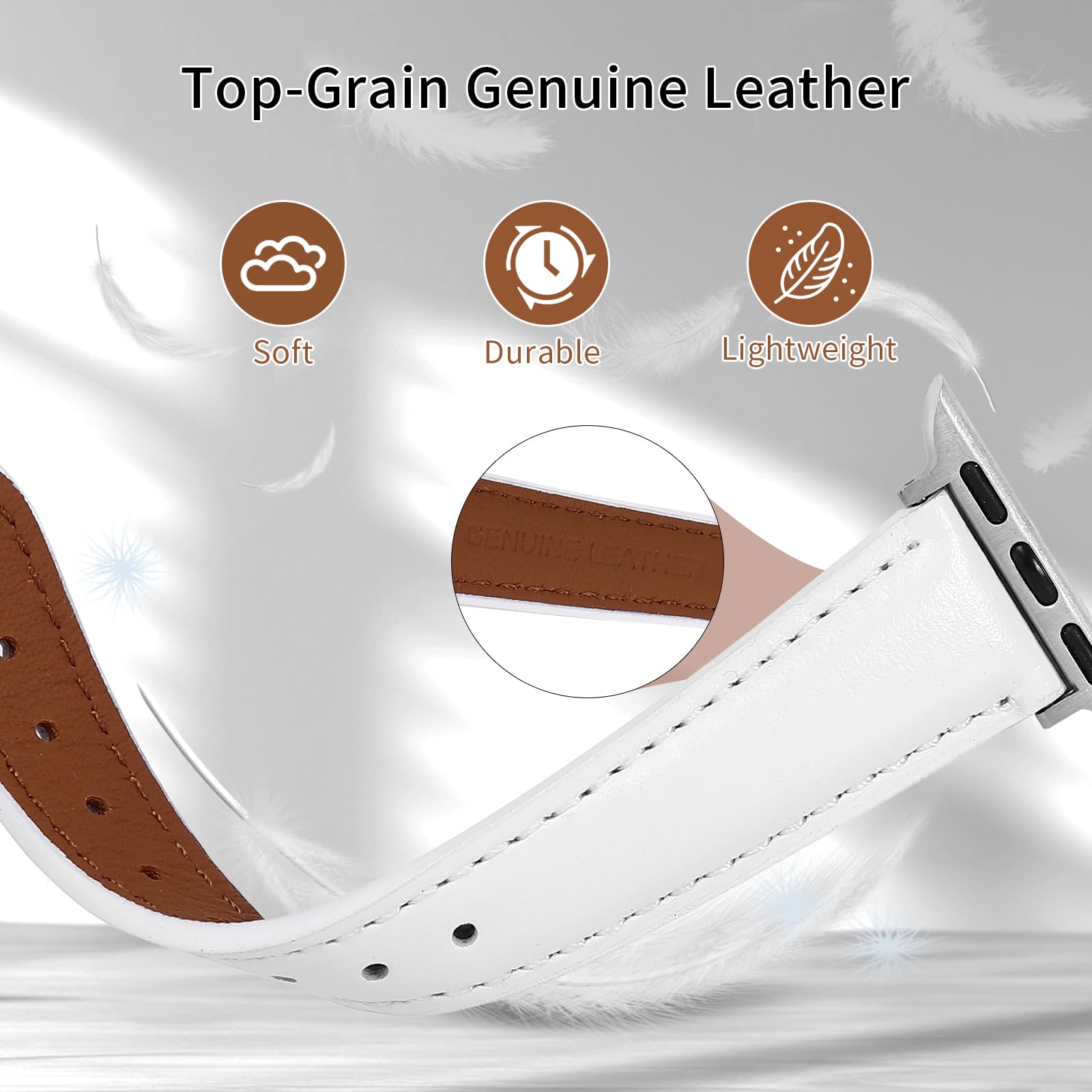 Bracelet en cuir pour Apple Watch 49 mm, 46 mm, 45 mm, 44 mm, 42 mm, 41 mm, 40 mm, 38 mm. Bracelets en cuir pour iWatch Ultra 3/2/1 Series 11/10/9/8/7/6/5/4/3/2/1 SE3 SE2 SE, blanc