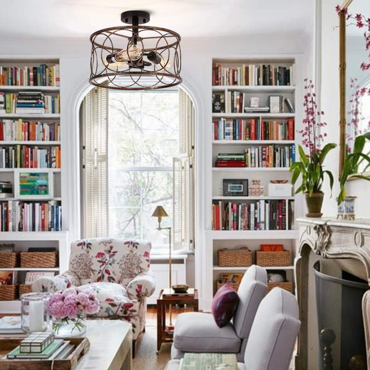 🛒 Flash Sale Sophisa Vintage Semi Flush Mount Ceiling Light Fixtures Industrial Rust Finish Metal Cage Chandeliers for Living Room Dining Room Bedroom Kitchen Reading Room.