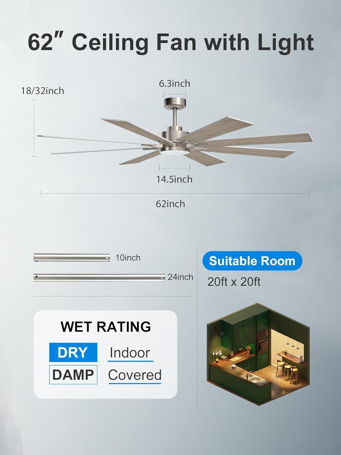 62 Inch Outdoor Ceiling Fan with Light and Remote, Damp-Rated for Patio Gazebo - Modern Farmhouse Style, High CFM Quiet 6-Speed DC Motor, 8 Dual-Finish Blades with Timer Includes 3 Downrods