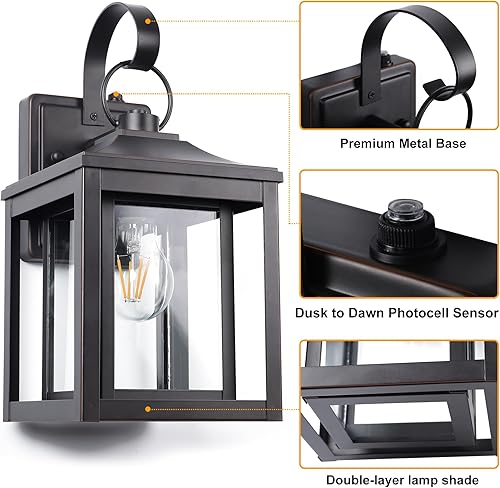 Miniatura 5 de Krychiler Juego de 2 faroles de pared para exteriores, apliques de pared del atardecer al amanecer, lámpara de montaje en pared exterior