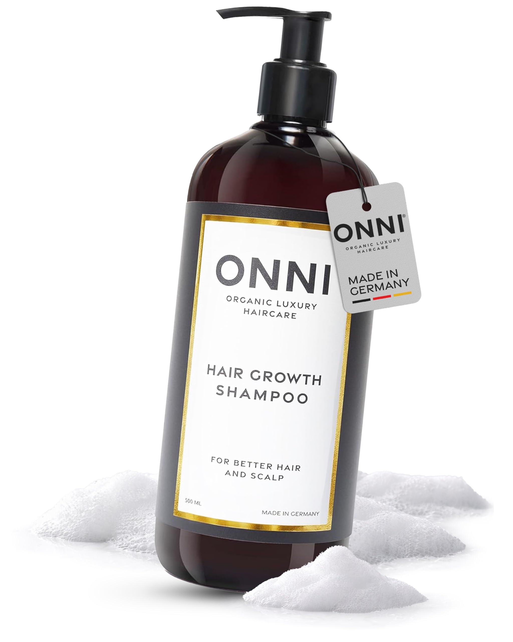 ONNI Champú orgánico para el crecimiento del cabello, 500 ml, dispensador de bomba XL, sin siliconas, sulfatos, parabenos, cuidado del cabello para un mayor crecimiento del cabello, contra la picazón