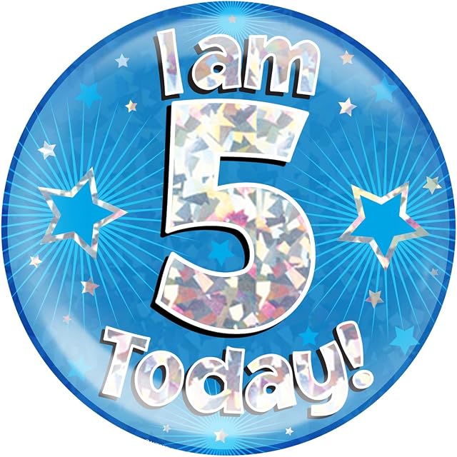 OAKTREE UK 633377 6" Jumbo Badge I am 5 Today Blue Holographic Cracked Ice