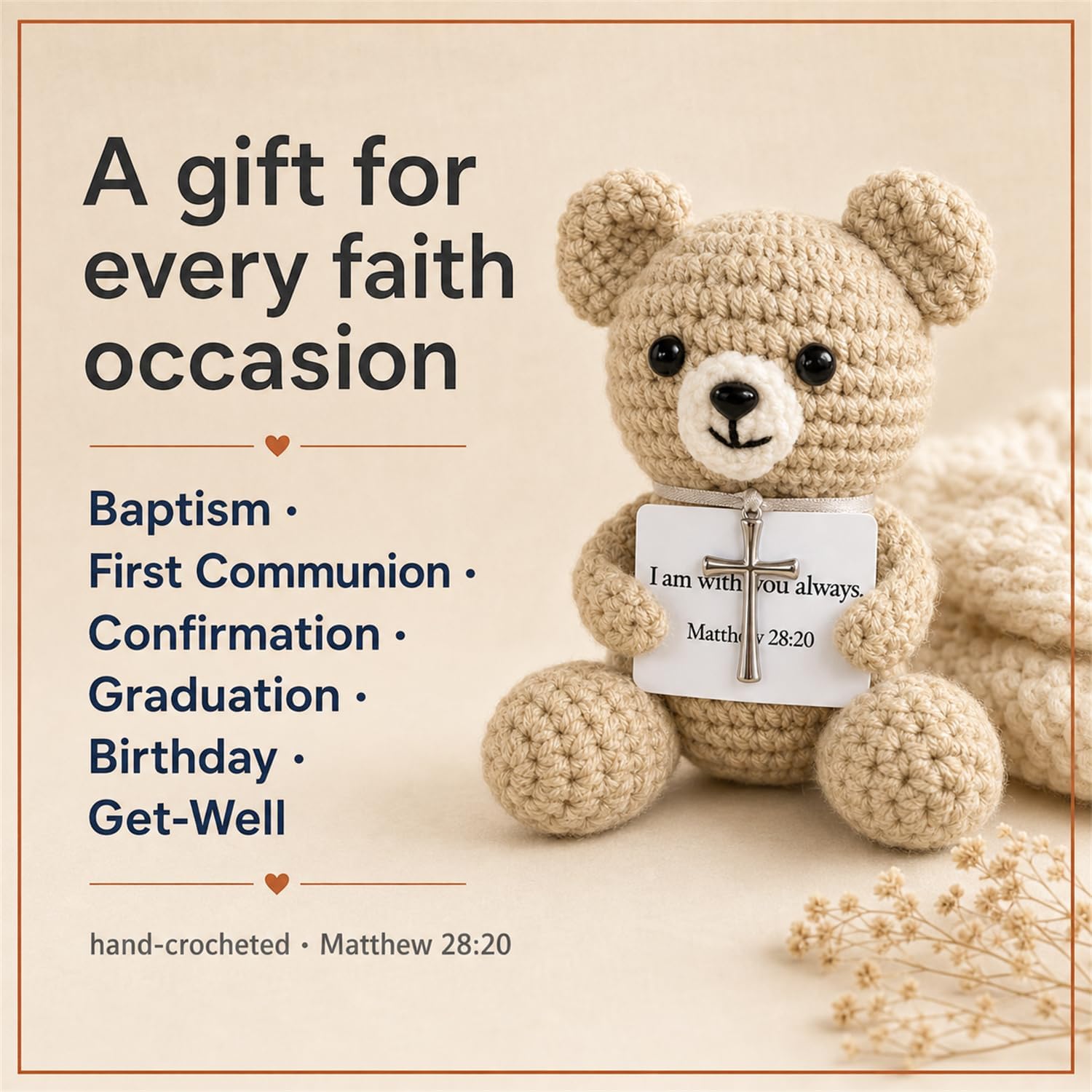 AceList Crochet Prayer Bear with Bible Verse Card, Christian Gift for Women | Faith keepsake featuring silver cross and velvet pouch, emotional support desk decor doll for teen girls, Matthew 28:20