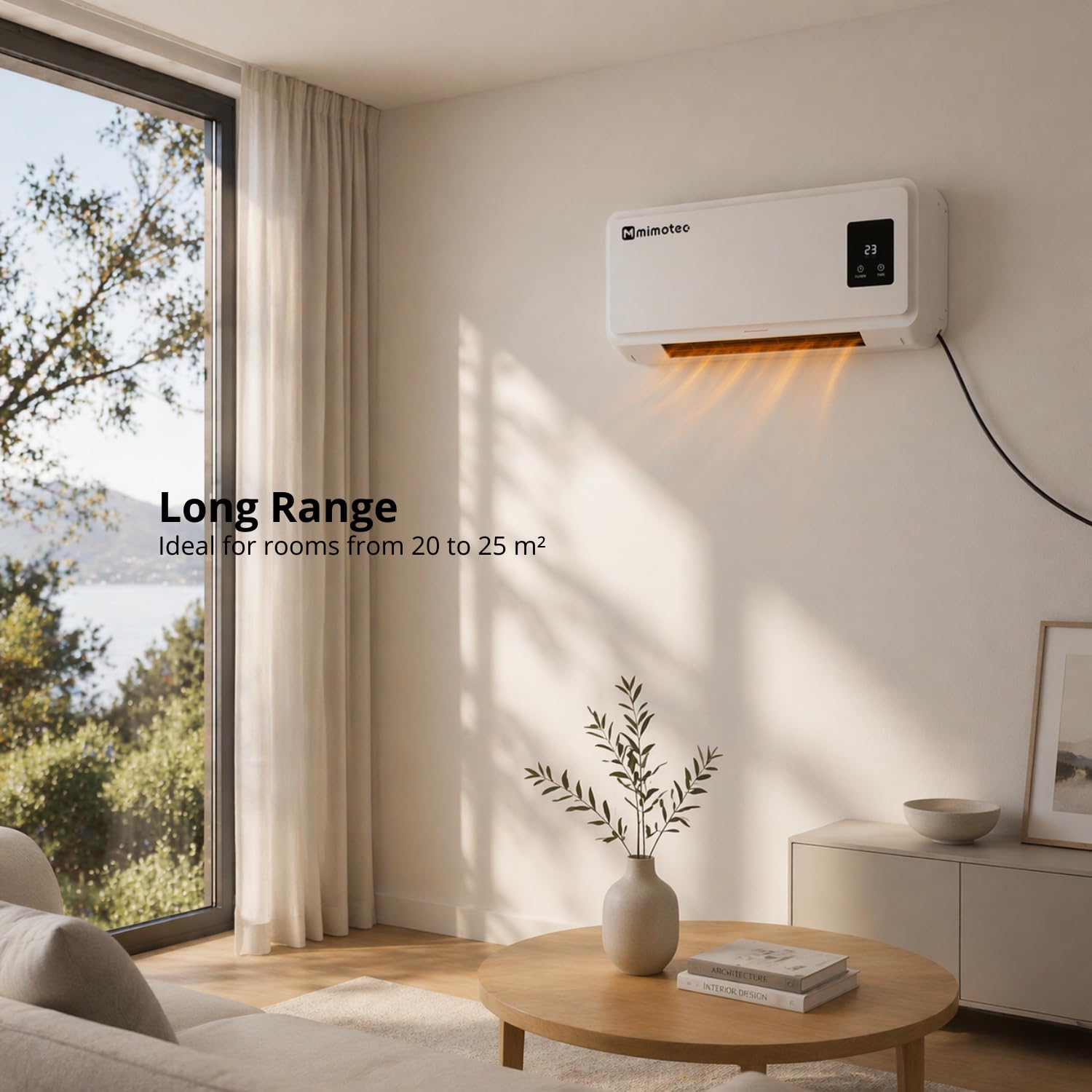 M mimotec - Chauffage mural électrique Muro 2000W, silencieux <45 dB, avec télécommande, écran LED et minuterie, IPX2 et anti-surchauffe, radiateur mural pour intérieur, Blanc