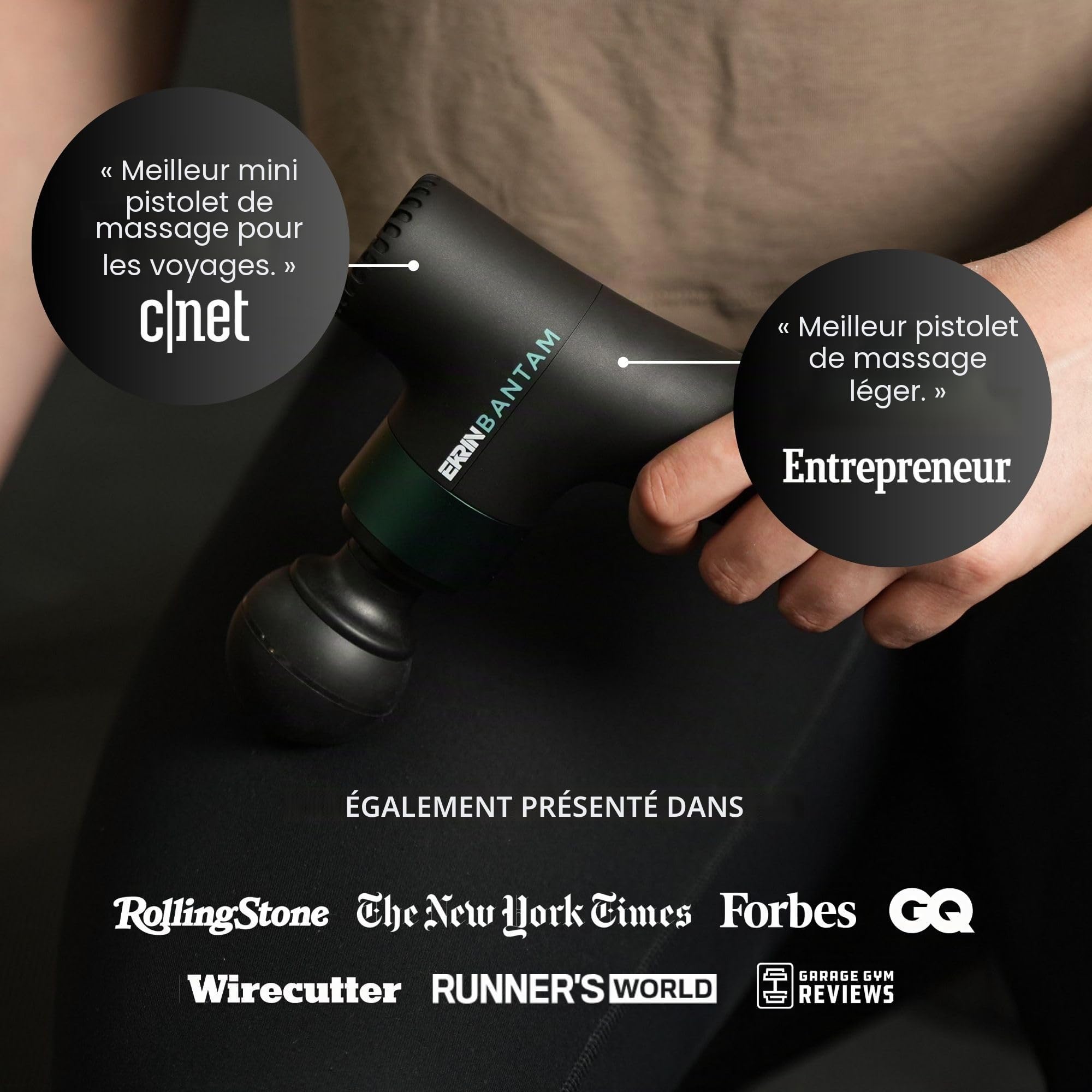 Ekrin Athletics Bantam Mini pistolet de massage à percussion fin et léger pour les muscles endoloris et la récupération, longue durée de vie de la batterie, 3 vitesses et 4 accessoires, bougez mieux