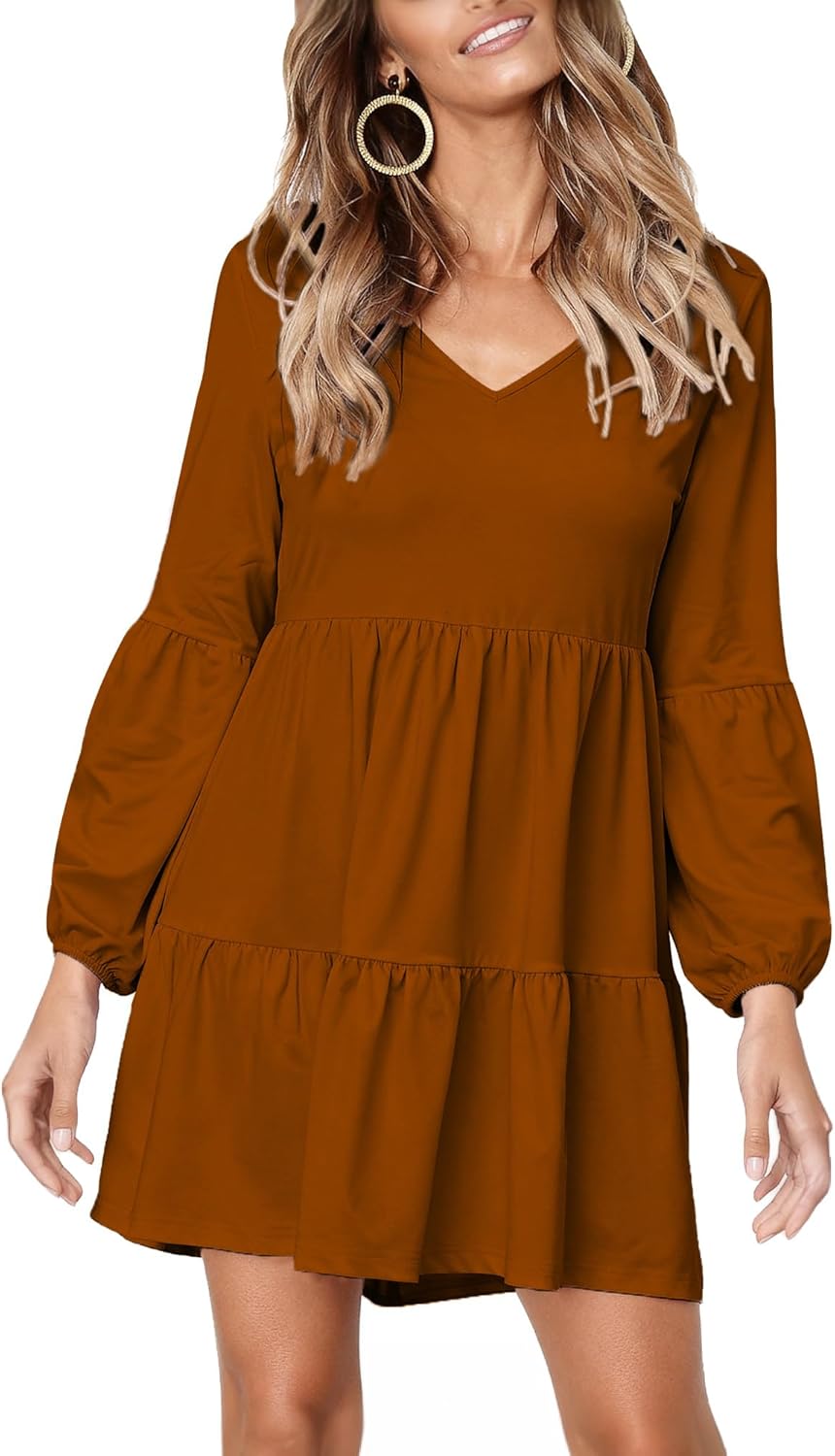 Dresses for Women Casual Long Sleeve V Neck Flowy Swing Tunic Dress Fall Outfits 2025 - Image 2