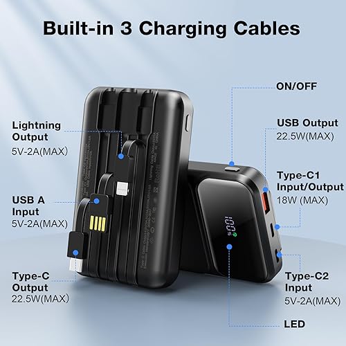 Miniatura 2 de Cargador portátil de 10000 mAh con cable incorporado, PD 22.5 W de carga rápida USB C, batería USB C para teléfono celular, pantalla LCD para iPhone
