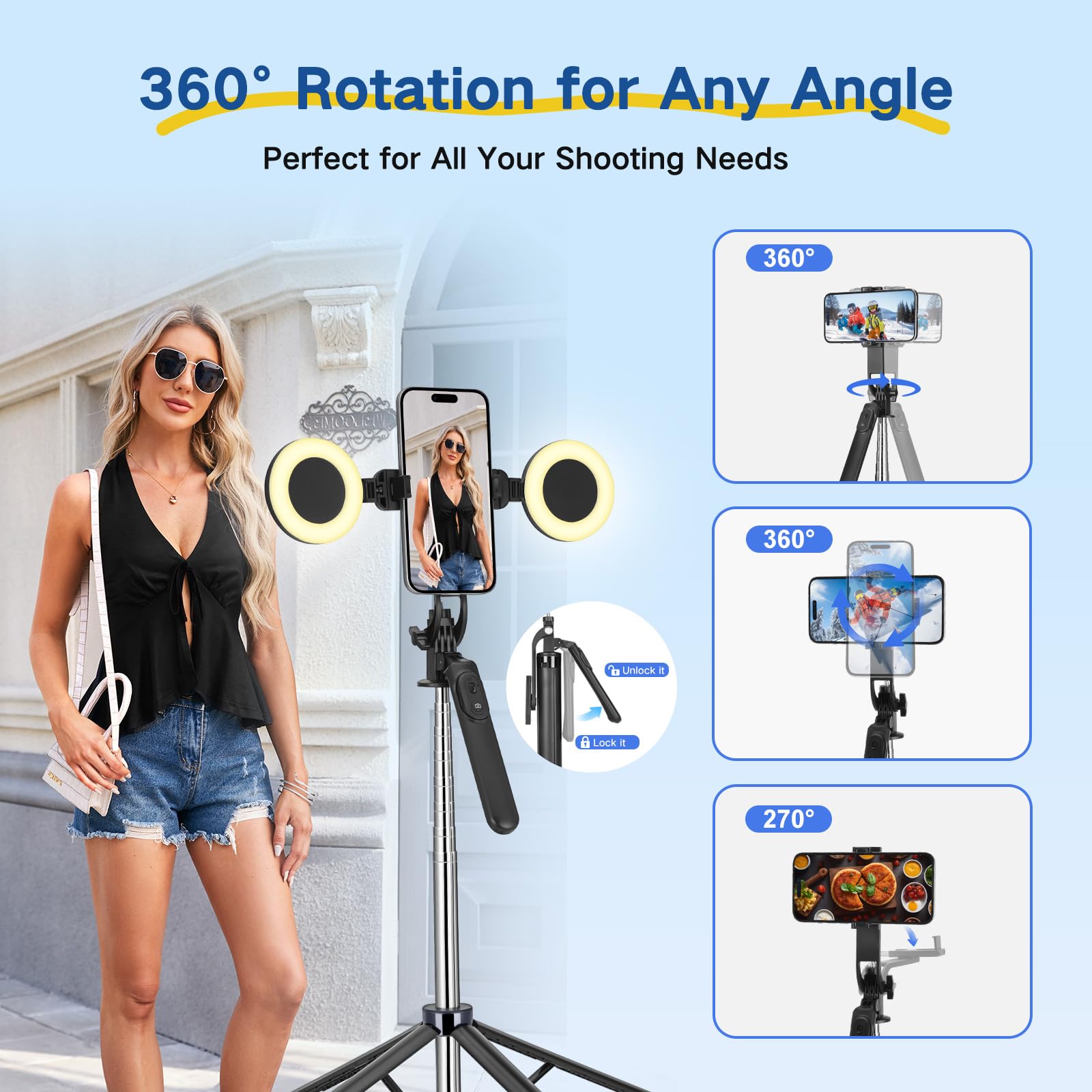 Content Creator Starter Kit, iPhone / Android Vlogging Kit, 180 cm Smartphone Treppiede con 2 luci di riempimento e microfono wireless, Selfie Starter Kit