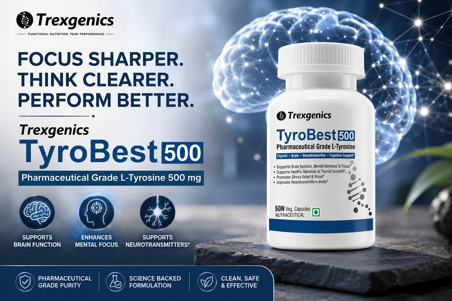 Trexgenics TyroBest-500 L-Tyrosine Pharmaceutical Grade - Thyroid, Stress, Neurotransmitter & Brain Function Support (60 Veg. Capsules) (1) 1