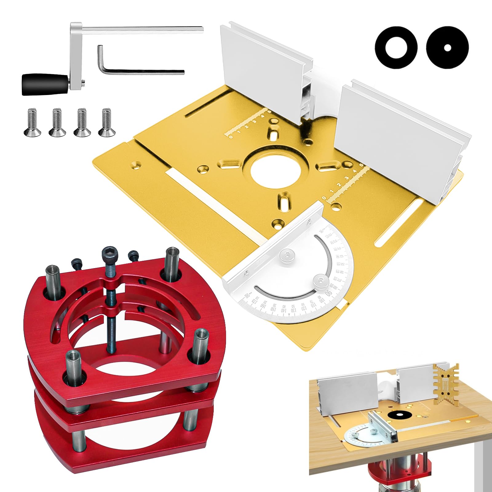Kit défonceuse Sur Table Aluminium, 65 mm de DiamèTre Défonceuse Sous Table Routeur Lift, Table Défonceuse Kit pour Rainures et Bordures De Table (Or)
