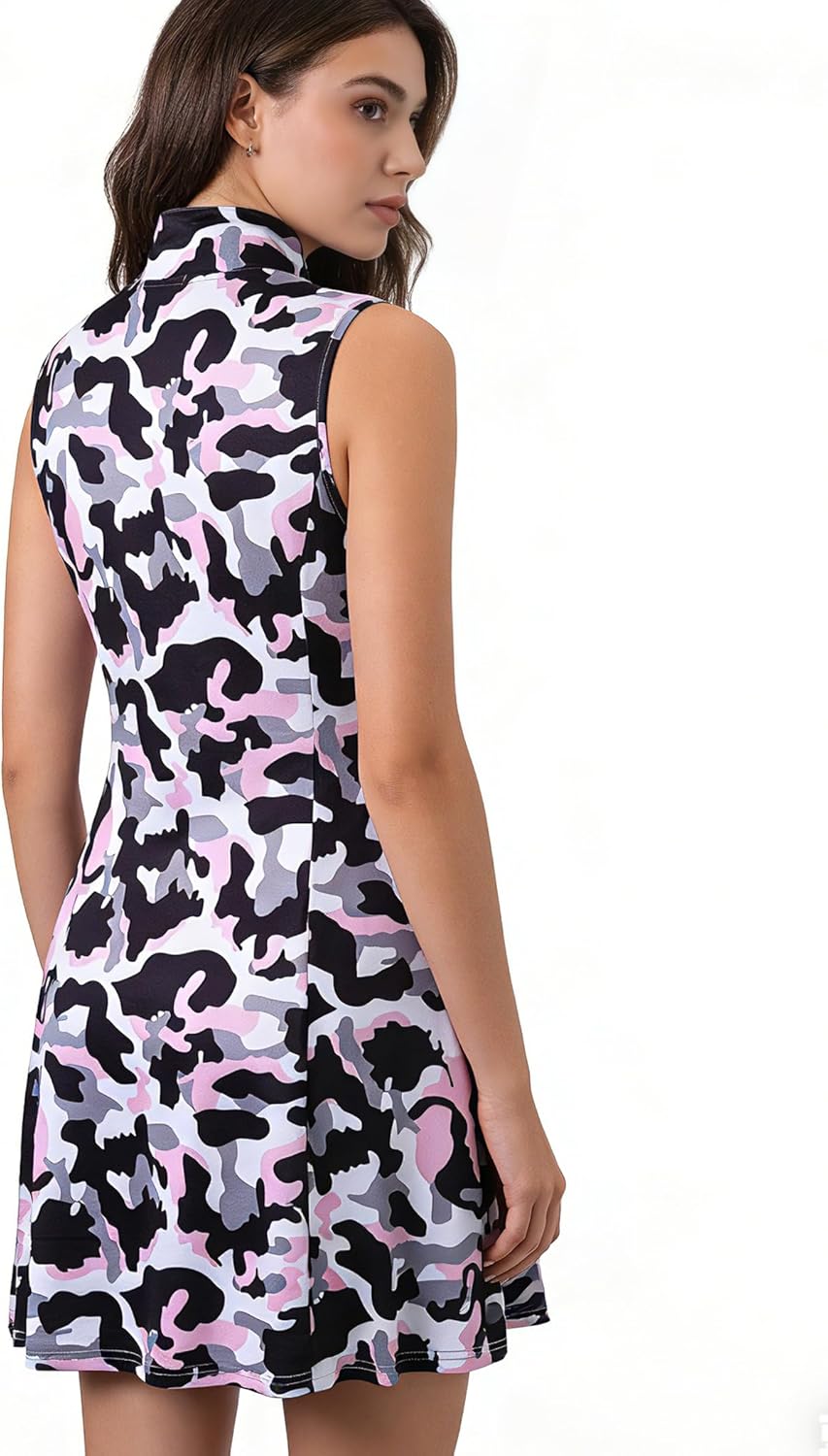 Women's Tennis Golf Dress Sleeveless with Shorts Pockets Zip Up Polo Collar A Line Quick Dry Athletic Outfit