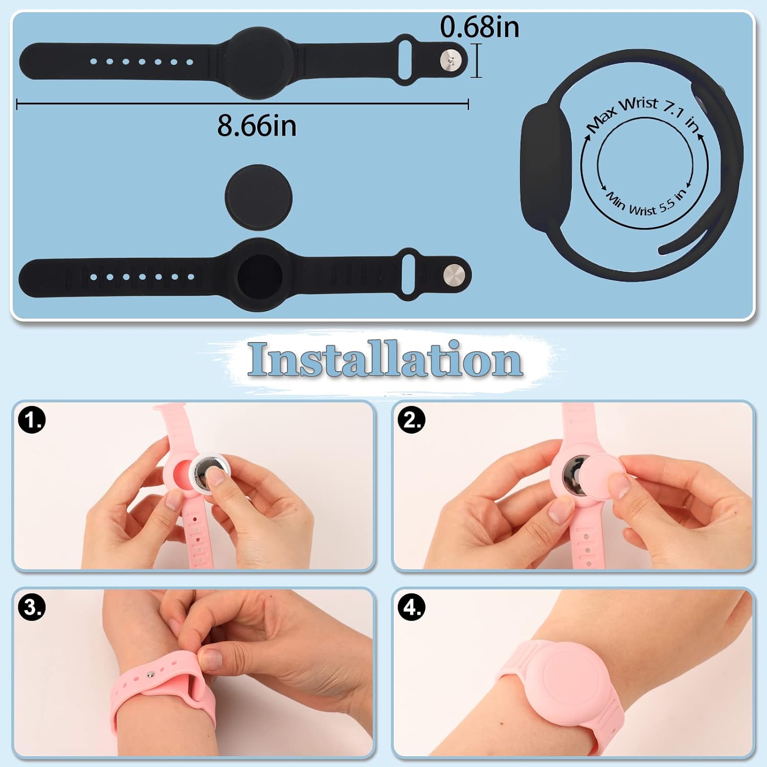 Kids Waterproof Airtag Bracelet Compatible with Apple AirTag, Hidden Silicon Protective Case for Air Tag GPS Tracker Holder, Adjustable Anti-Lost Watch Band for Toddler Child (Black)