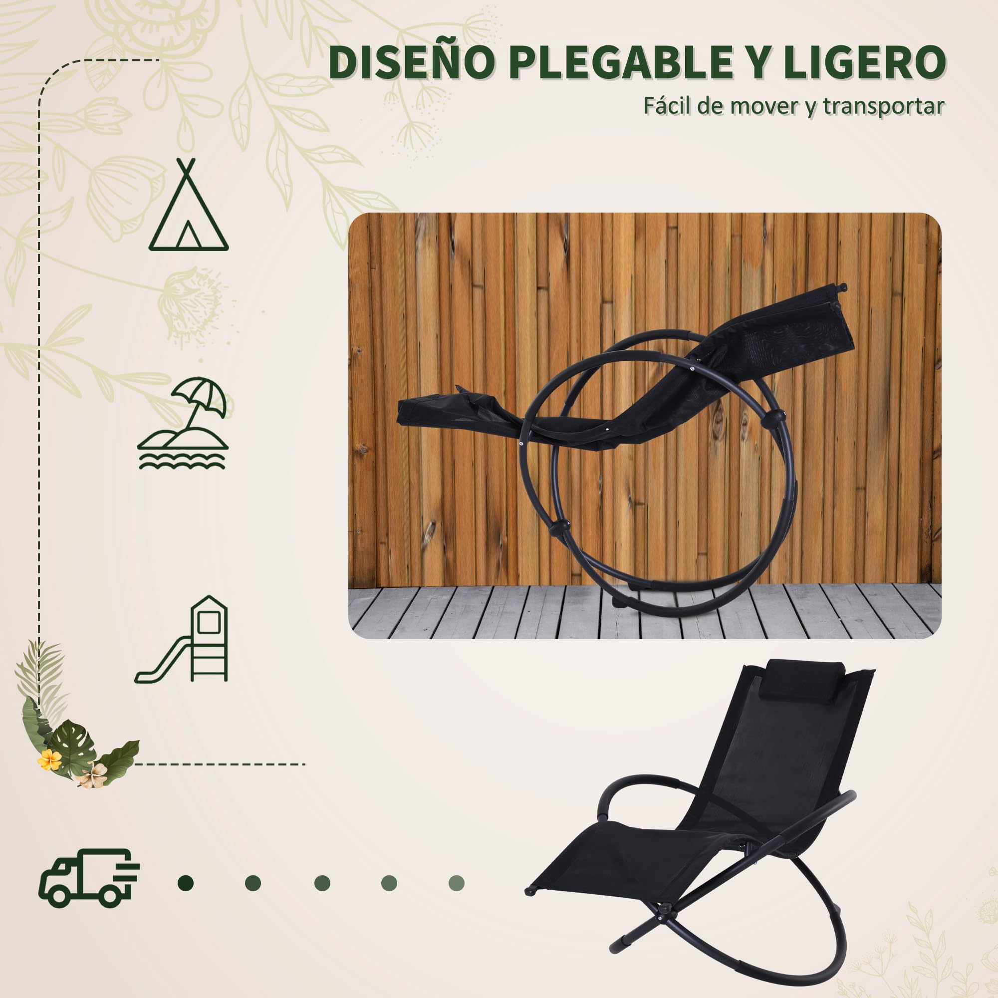 Outsunny Tumbona Mecedora de Jardín Plegable con Reposacabezas Extraíble Sillón Tumbona Ergonómica de Exterior Tela de Texteline para Patios Piscina al Aire Libre 154x80x84 cm Negro