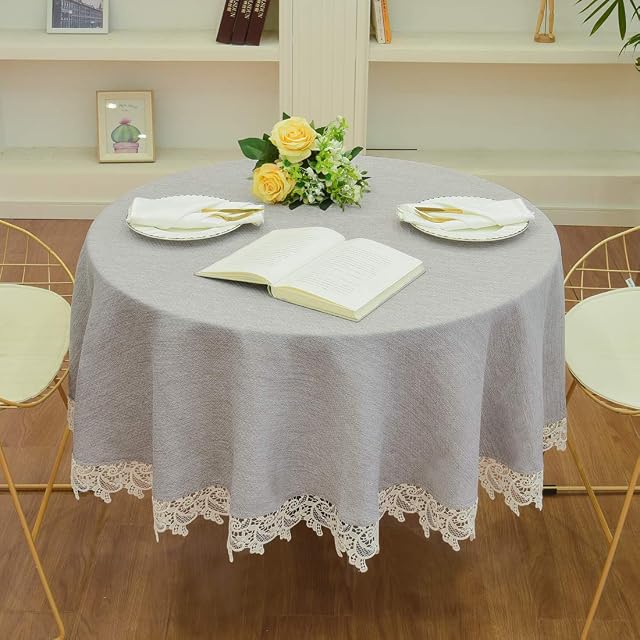 BALCONY & FALCON Large round tablecloth Water Resistant Faux Linen Table Cover with Lace for Home Party Wedding, Gray, Diameter 140cm (55inch)