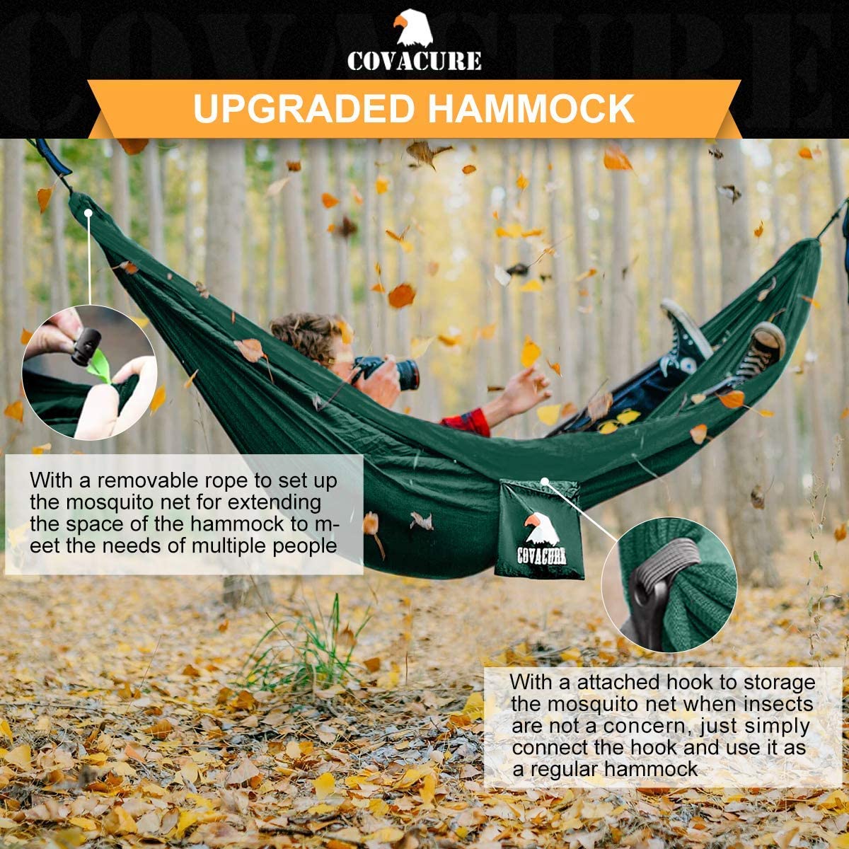 COVACURE Hängematte Outdoor Hängematte mit Moskitonetz - 350kg Belastbarkeit für 2 Personen 290 x 140 cm Ultraleicht Hammock Reise Gadgets für Camping Garten Survival Wander (Grün)