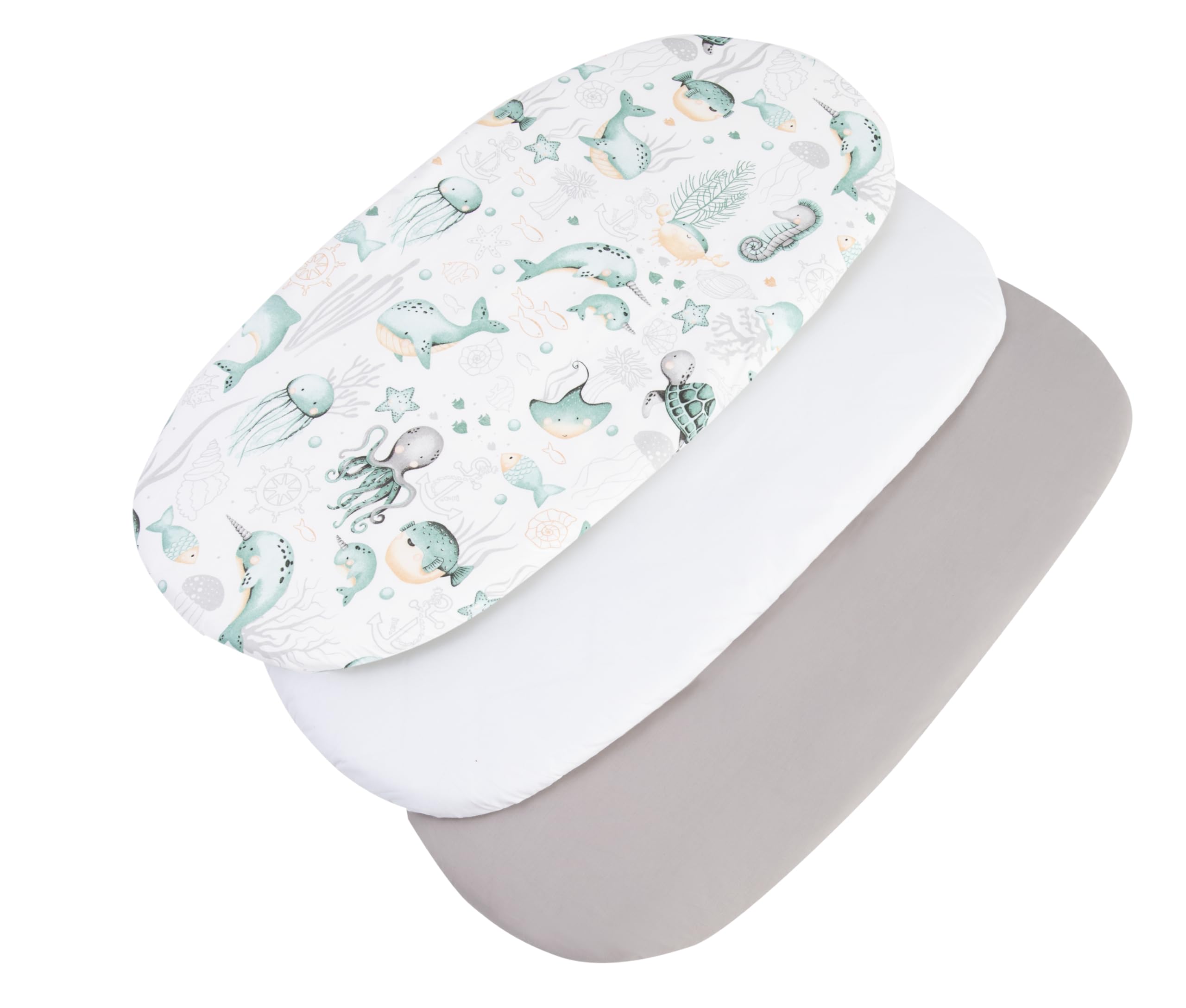 Medi Partners Set of 3 pcs. Fitted Sheet Pram 86 x 40 cm 100% Cotton Mattress Protector Baby, Ocean-white-grey, Three pack
