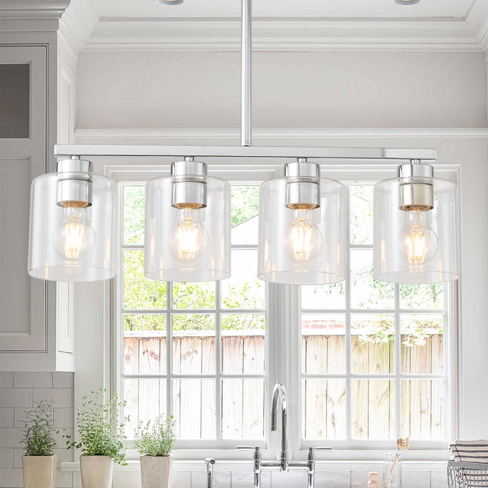 ROCUNSI 4-Light Kitchen Island Light Fixture, Silver Pendant Lights, Farmhouse Dining Room Light Fixtures Over Table, Modern Hanging Light Fixtures with Clear Glass, E26 Base, Bulbs Not Included