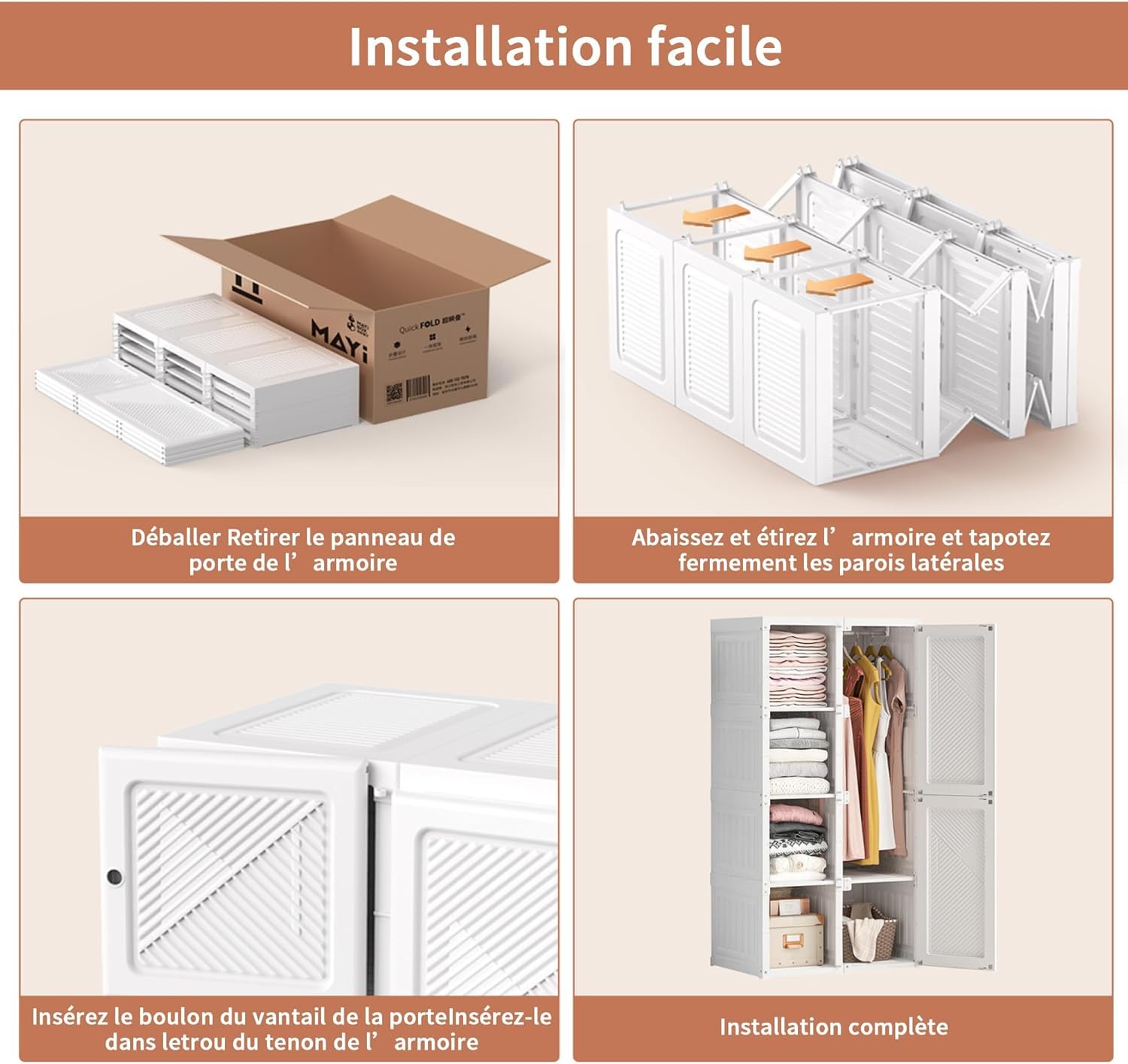 LONELYO Armoire de Rangement,Armoire Pliable, avec Portes,Penderie Portable avec Barre de Suspension, Chambre, Vestiaire, Salle d’étude,Blanc (Armoire Blanche 5×6+1)