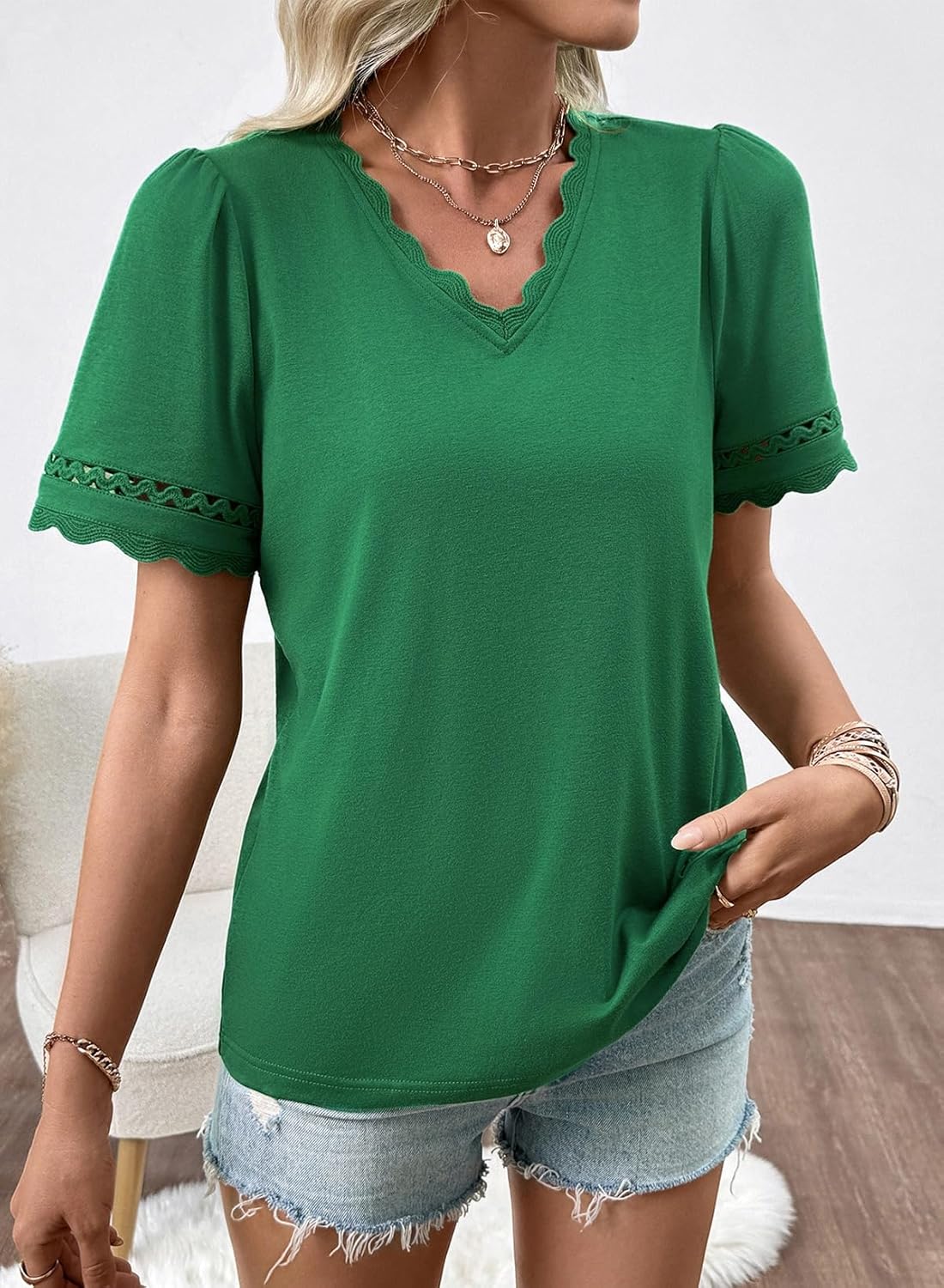 Dokotoo Womens Tops Summer Casual Short Sleeve V Neck Lace Shirts Dressy Eyelet Embroidery Blouses - Image 2