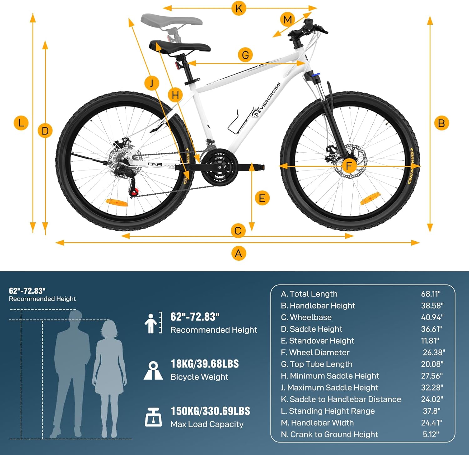 Diagram showing the dimensions of the EVERCROSS EM3 mountain bike with measurements labeled A through N.