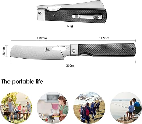 Miniatura 8 de SENBON Cuchillo de chef plegable de bolsillo súper afilado de acero inoxidable 440, cuchillo de utilidad para pelar, mango de fibra de carbono,