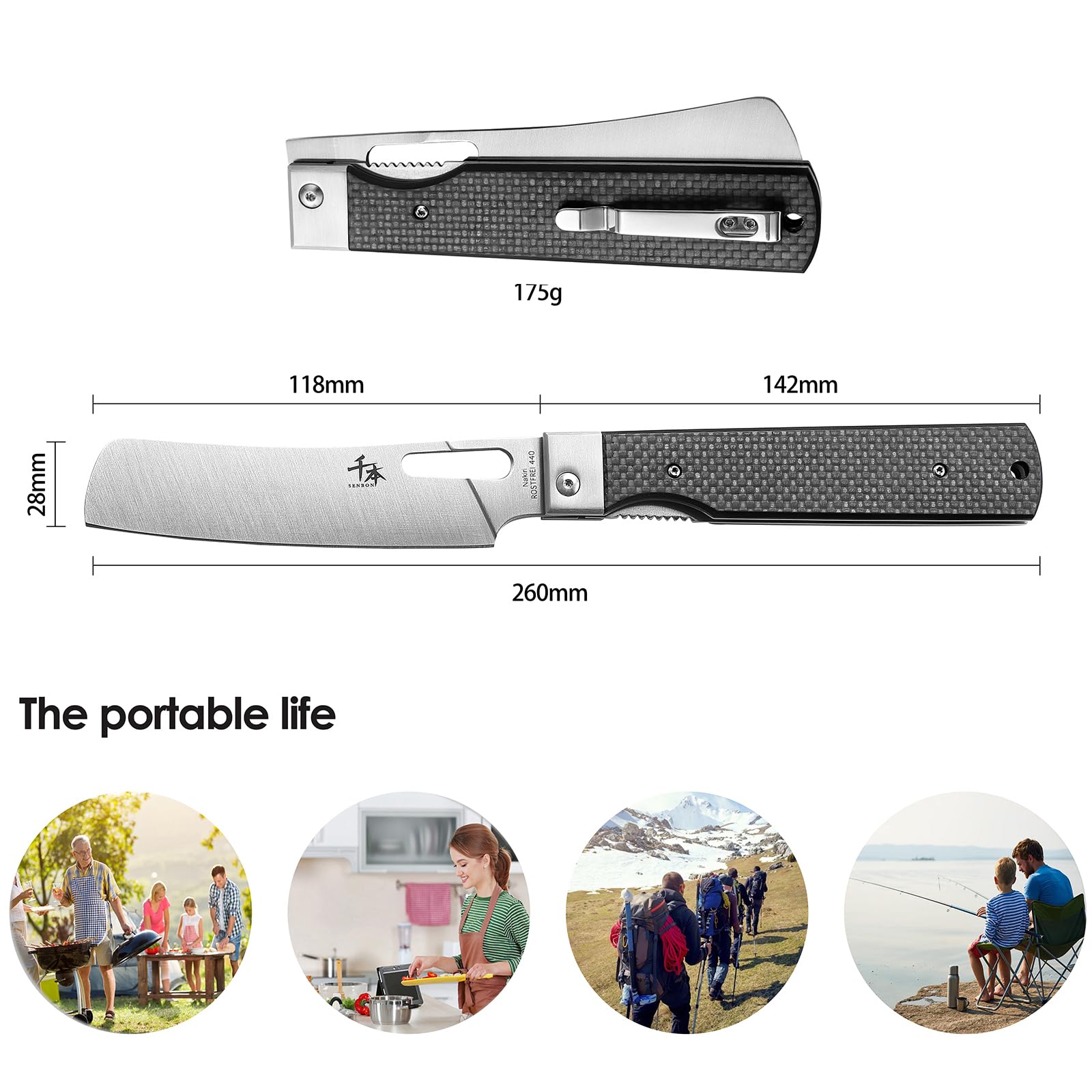 SENBON 440 Stainless Steel Sharp Pocket Folding Chef Fruit Knife Peeling Carbon Fiber Handle Camping Barbecue Outdoor Kitchen Knife with Back Clip