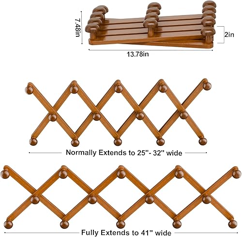 Vista 2 de WGFKVAS Perchero para sombreros de pared con 14 ganchos, de madera maciza, perchero expandible para colgar abrigos, sombreros, bolsos, gorras