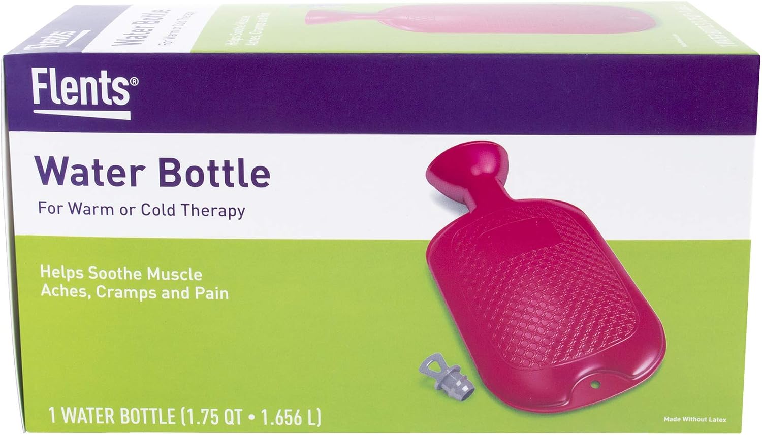 Flents Reusable Water Bottle, Warm or Cold Therapy, Helps Soothe Muscle Aches, Cramps and Pain, Durable Rubber Design, Latex Free, 2 QT (1.66 L)