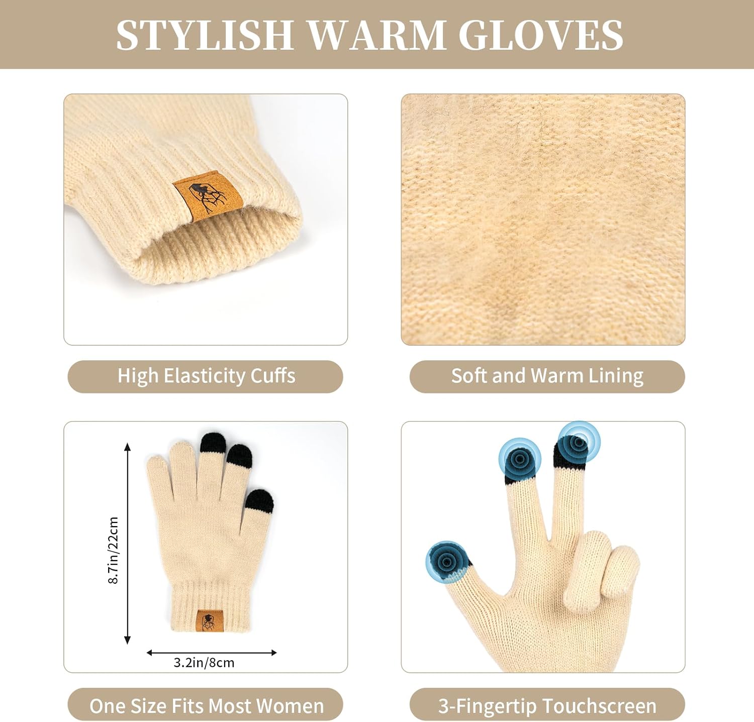 Womens Winter Warm Beanie Hat Touchscreen Gloves Lone Neck Scarf Set with Fleece Lined Pom Skull Cap Gift for Women 3PCS - Image 3