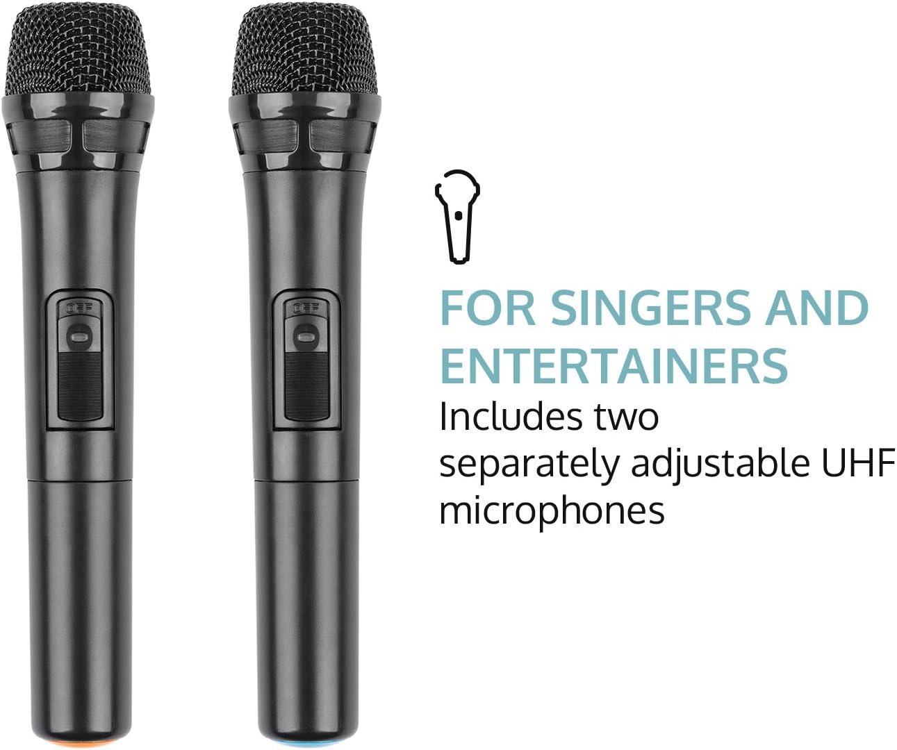 Close-up of two AUNA UHF wireless microphones