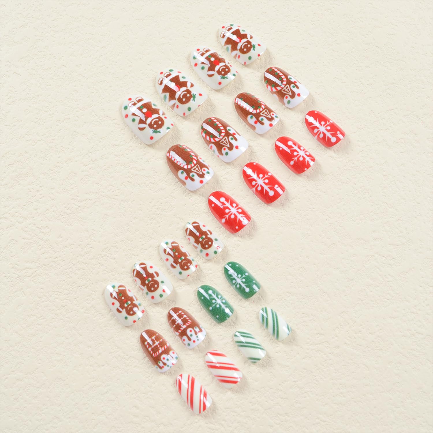 Christmas Press on Nails Short Oval Fake Nails With Cute Gingerbread Man Candy House Snowflake Designs Xmas Glossy False Nails Full Cover Stick on Nails Acrylic Winter Artificial Nails for Women