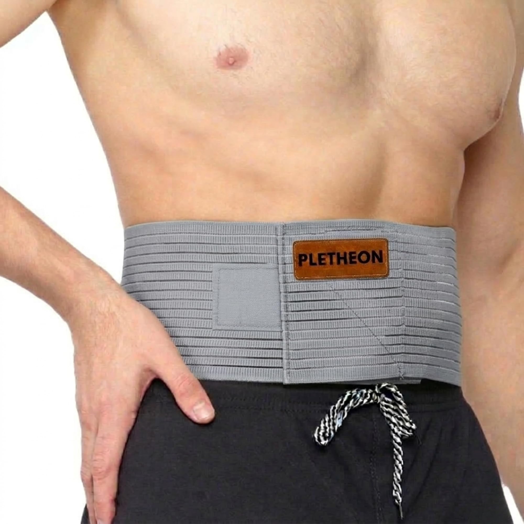 PLETHEON Umbilical Hernia Belt with Compression Pad, Adjustable Navel Support Binder, Breathable Fabric, Unisex (Gray)
