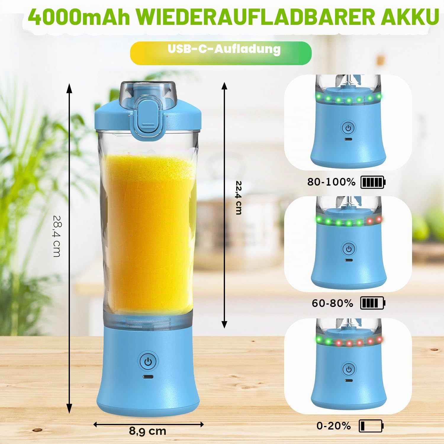 Tragbarer Mixer Smoothie Maker - 600ml Mini Standmixer to Go - 6 Klingen, Reisedeckel und Isolierte Hülle - USB Wiederaufladbar Blender Protein Shaker Bottle für Küche, Reise, Büro, Fitness, Camper