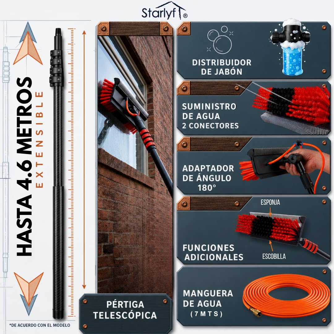 STARLYF - Cepillo de Limpieza telescópico, Alimentado por Agua, dispensador de jabón, Limpieza de Paneles solares, Kit de Limpieza de Ventanas con escobilla de Goma