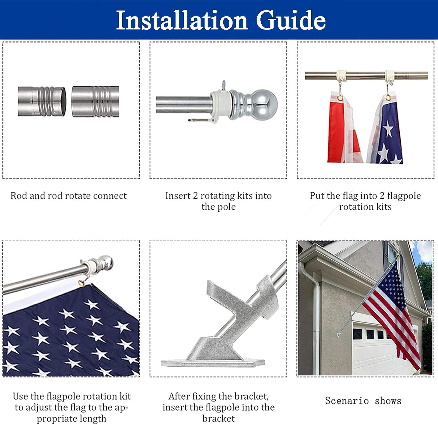 COCOHOME Flag Pole for House - 6.9FT Flag Pole Without Bracket, 1" Tangle-Free Flag Pole for Outdoor House Boat Truck 3x5 Flags. (Silver)