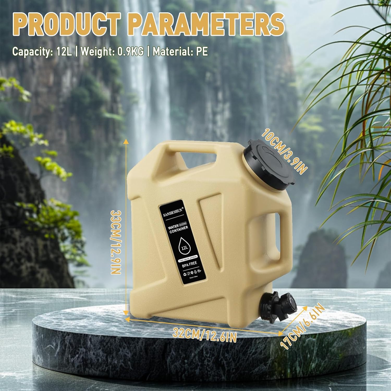 3.2 Gallon Water Jug,12L Portable Water Container with Spigot, Cleaning Brush, Detachable Hose & Extra Lid, Dual Handles Design, BPA-Free Camping Hydration Canteen, Outdoor Tank Storage PE - Khaki
