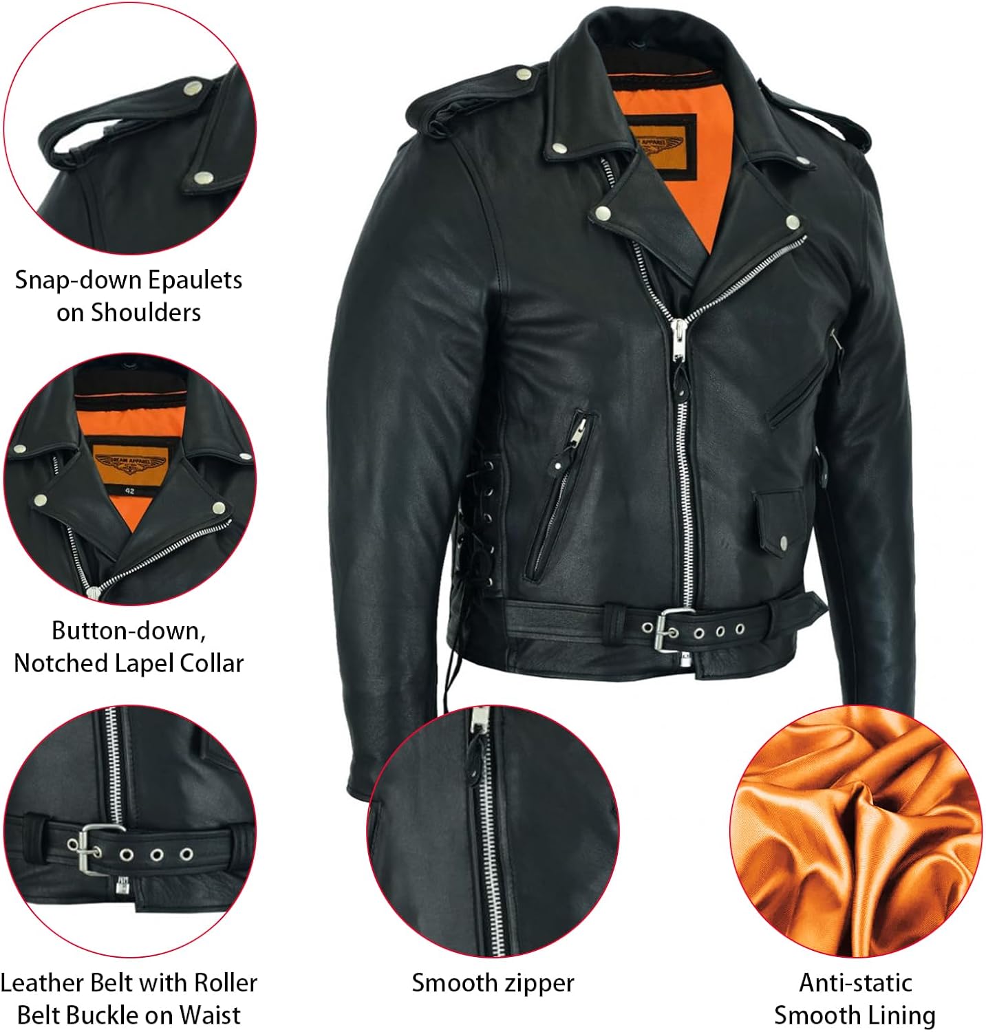 GARGOYLE BELLS Men‘s Genuine Leather Jacket Motorcycle Racer Jackets Zip-Up Biker Coat for Men with Multiple Pocket - Image 4