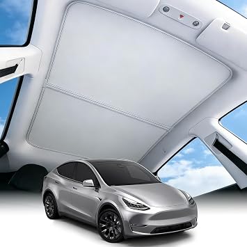 Car Sunroof Sun Shade for Tesla Model Y 2021-2024, 5-Ply 99.9% Ultraviolet Blocking, Collapsible Reflective Sunscreen, Reduce Glare and Thermal Barrier Shield