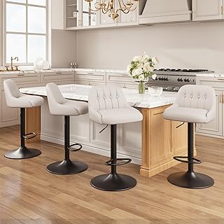 Modern Adjustable Swivel Bar Stools (Set of 4) - Beige PU Leather Upholstery with Tufted Back