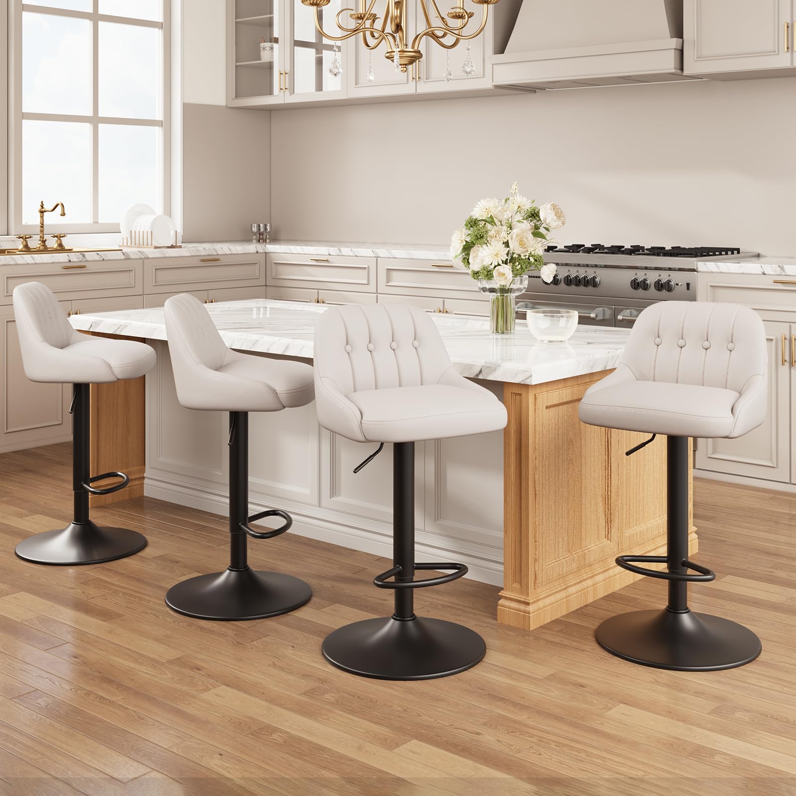 MALOL Bar Stools Set of 4, Swivel Bar Chairs, Modern Adjustable PU Leather Upholstered Barstools Counter Height with Tufted Back for Bar, Kitchen