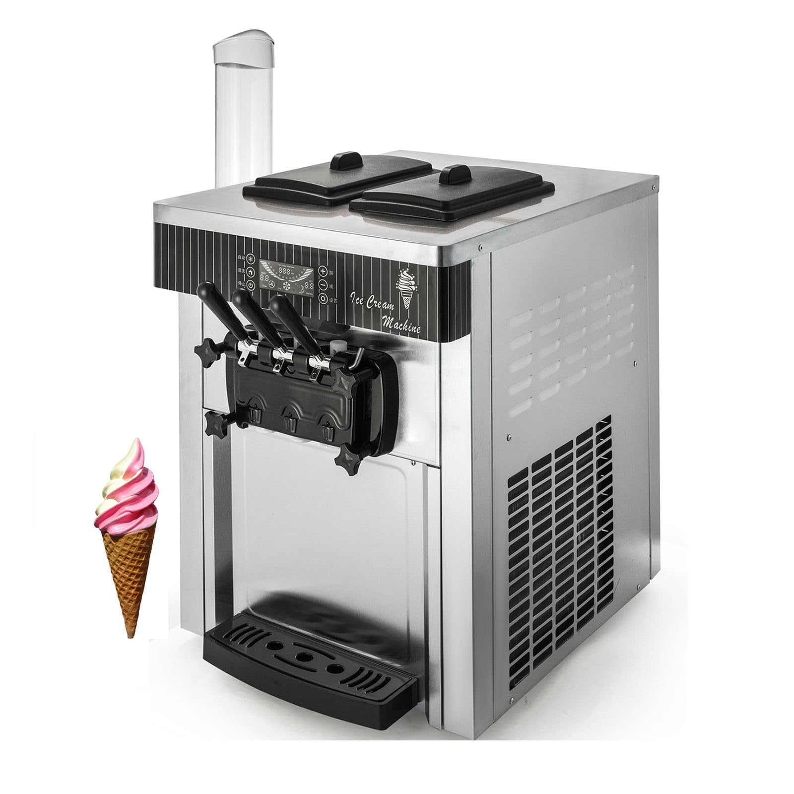 Machine à Crème Glacée professionnelle 2200W Machine à crème glacée italienne 20-28L/h 3 Saveurs Panneau LED à Nettoyage Automatique pour Yaourt Café Snack-Bar Glacier Camion-Restaurant 2 x 6L