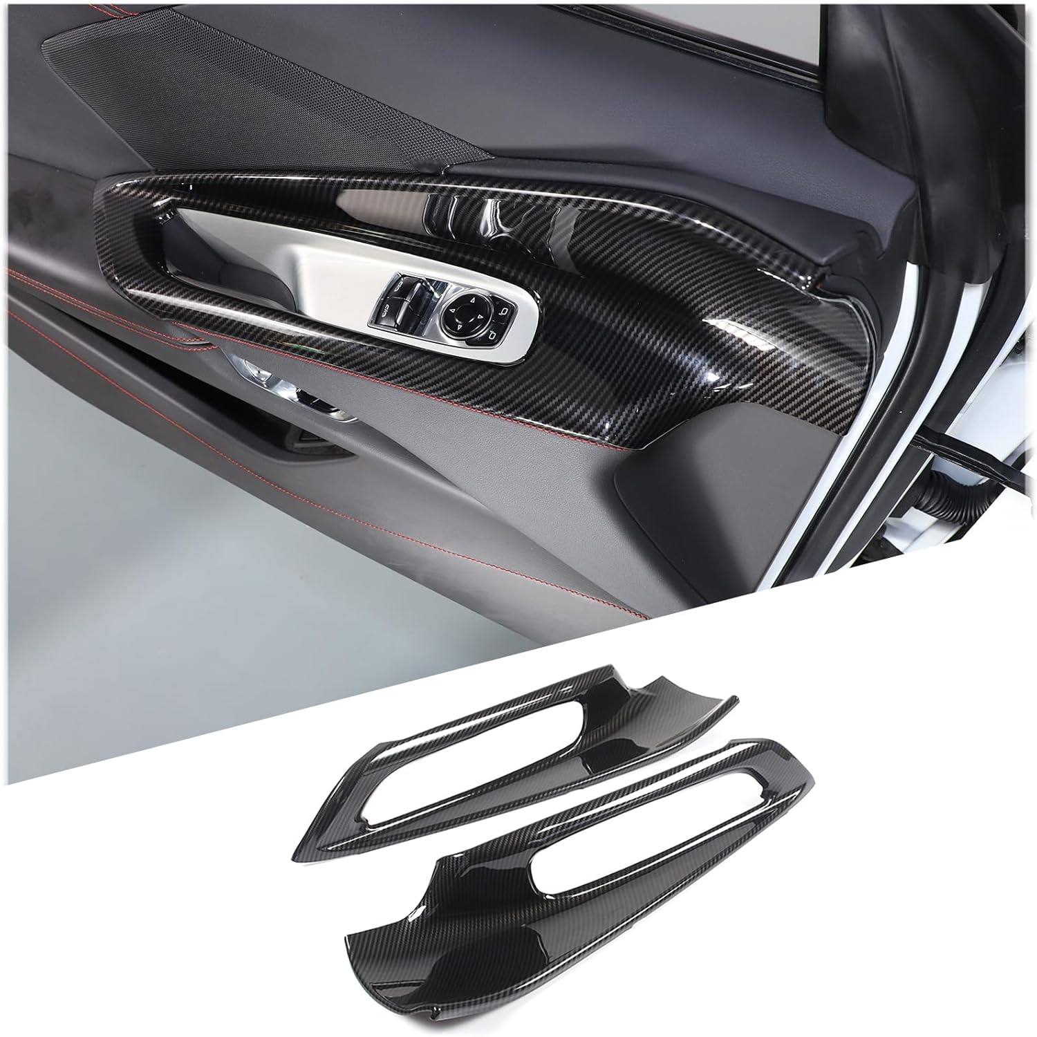 Inner Door Handle Panel Cover Compatible with Chevrolet Corvette C8 Stingray 2020-2026, ABS Window Lift Switch Exterior Frame Trim Accessories 2Pcs (Carbon Fiber Pattern Black)