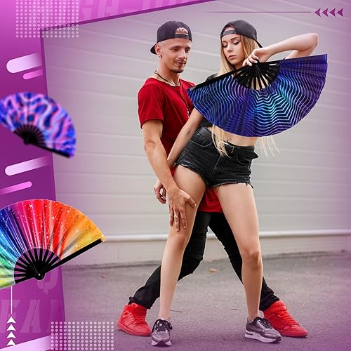 Miniatura 6 de FairySandy 20 ventiladores de mano plegables grandes con varillas de bambú para hombres y mujeres, ventilador de mano chino japonés arco iris con